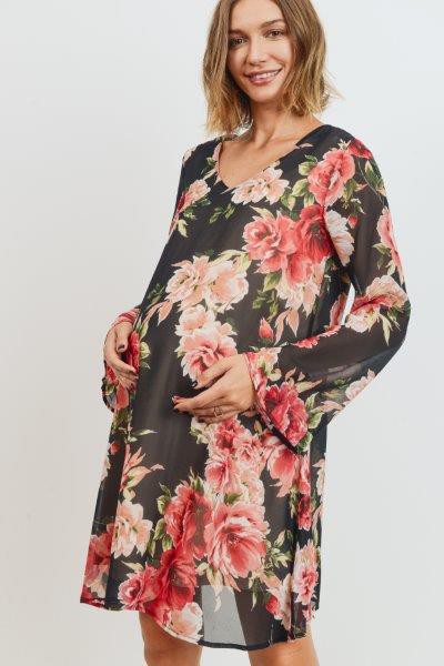 Women's Bell sleeve V neck maternity & Post natal dark floral swing dress