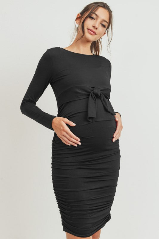 Women's Black long sleeve knee length ruched maternity & nursing dress with front knot