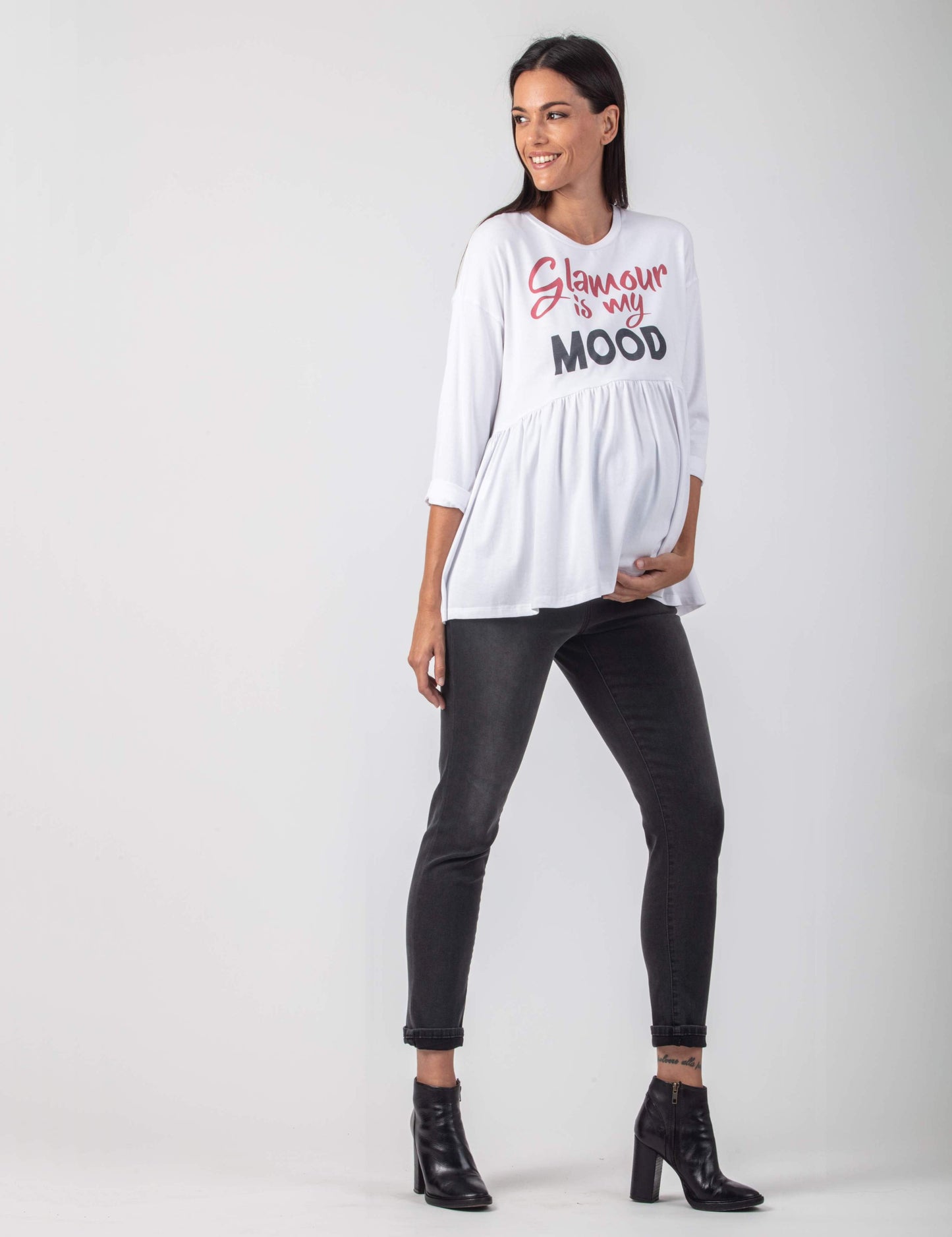 Women's cotton White Crop sleeve maternity & postnatal "Glamour is my Mood" empire waist top