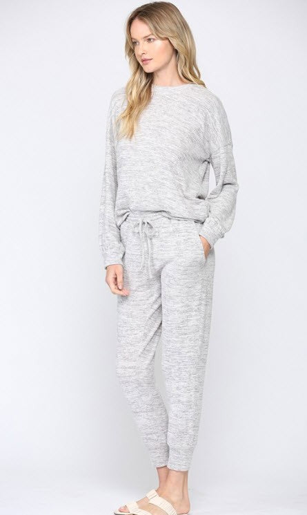 Women's heathered long sleeve top and tapered ankle pant Lounge set with back ruching - in light Grey or Blush Pink