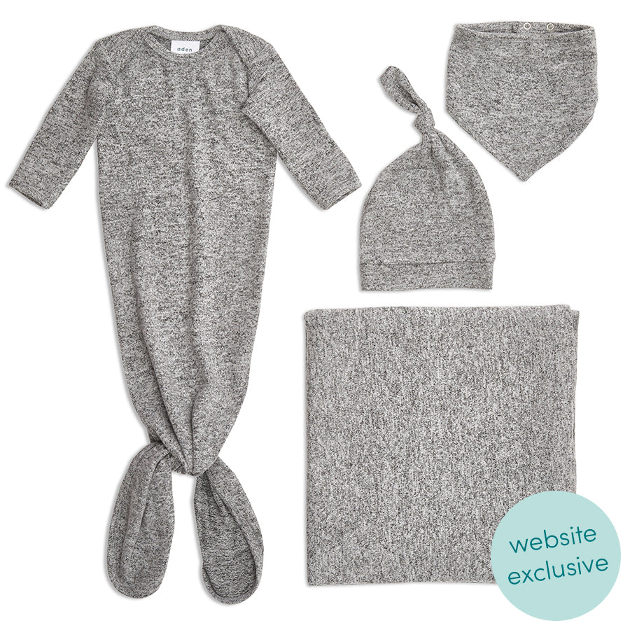 Aden and Anais 0-3 months Heather Grey Snuggle knit 4 piece gift set - includes a knotted baby hat, knotted gown, super soft swaddle blanket and drool bib