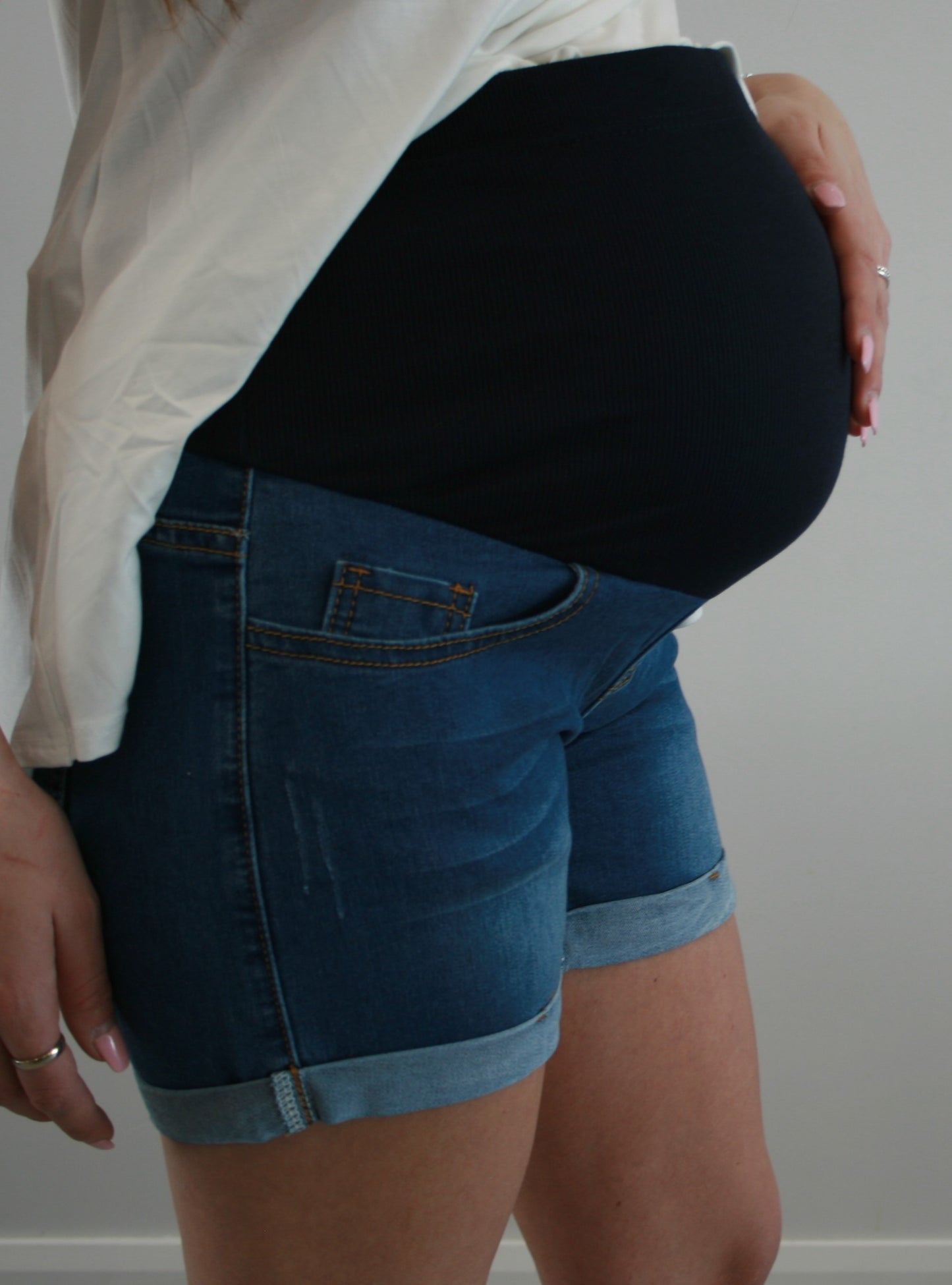 Women's Cuffed Over the bump maternity blue denim shorts