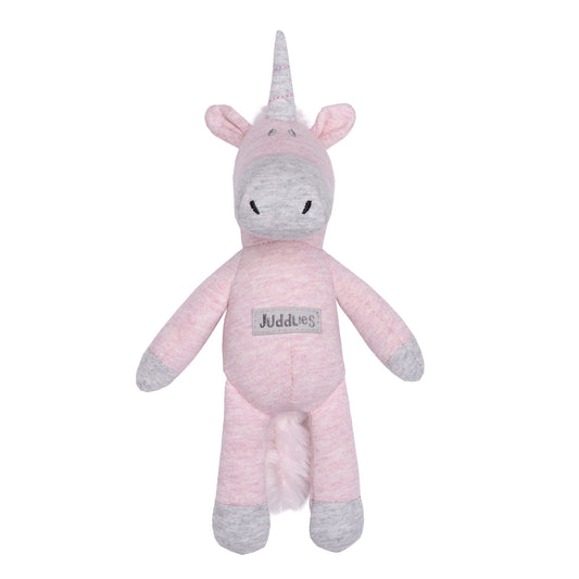 Baby cotton cottage plush unicorn rattle in dogwood pink