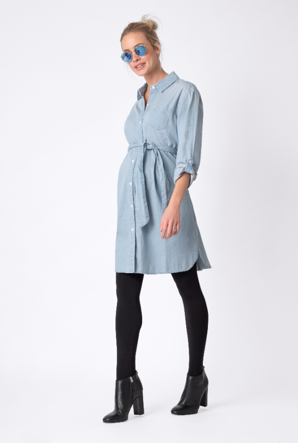 Women's Seraphine chambray denim blue belted maternity shirt dress –  Joli-Glo Maternity