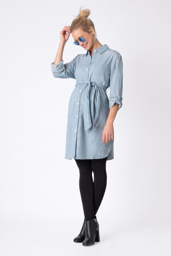 Women s Seraphine chambray denim blue belted maternity shirt dress