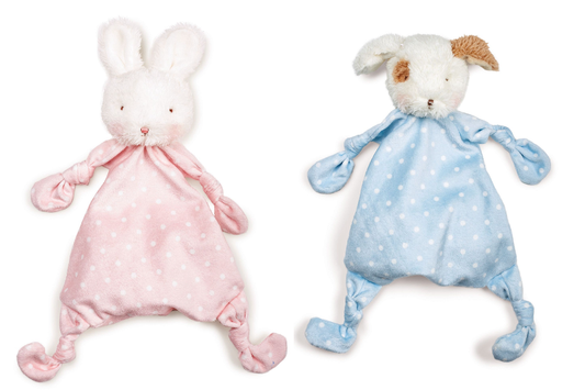 Bunnies by the bay polka dot Knotted plush lovey baby toy pink bunny or blue puppy
