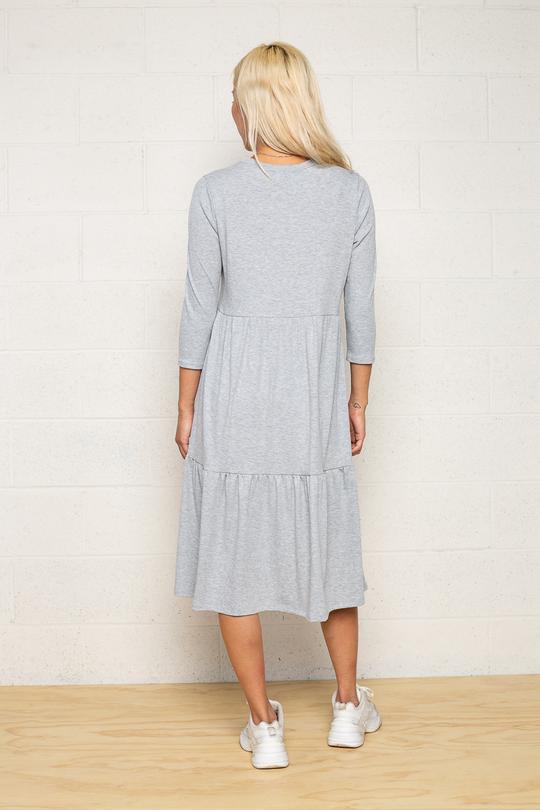 Women's heather grey plus size 3/4 sleeve tiered maternity & post natal midi Dress