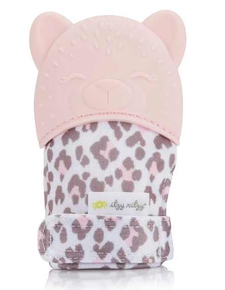 Baby's Itzy Ritzy BPA free silicon and poly teething Mitt - in yellow Pineapple, pink leopard or taupe Sloth design
