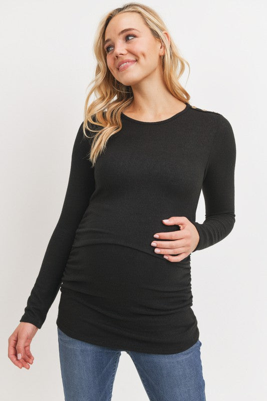 Women's black round neck long sleeve maternity & postnatal top with button detail on shoulders