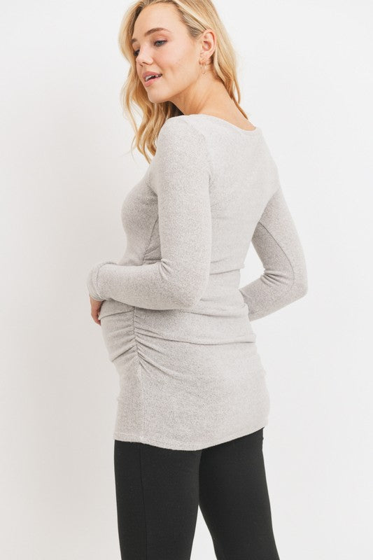 Women's round neck long sleeve rayon maternity & post natal top with side ruching in light pink or light grey