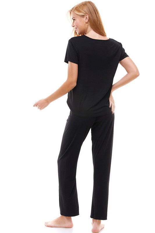 Women's Black Short Sleeve V-neck, loose leg Lounge set