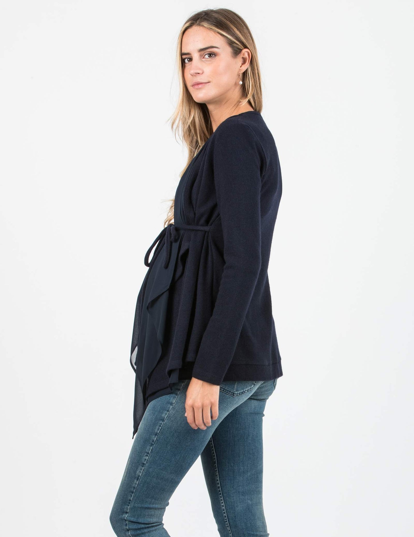 Women's Everyday maternity & post natal Navy Flowy cashmere cardigan with tie
