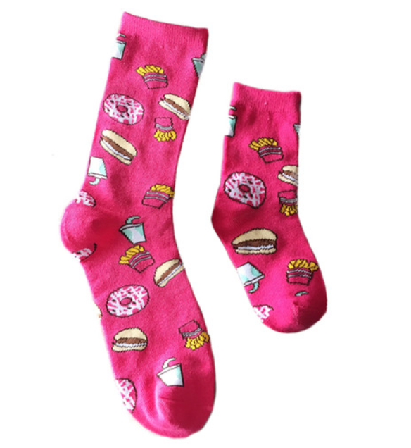 Women's and girls or boys "Mommy and me" socks - 1 pair for mom and 1 pair for kiddo - red and white "best friends", black "sleep deprived, sleep depriver", Pink "snack time donuts"