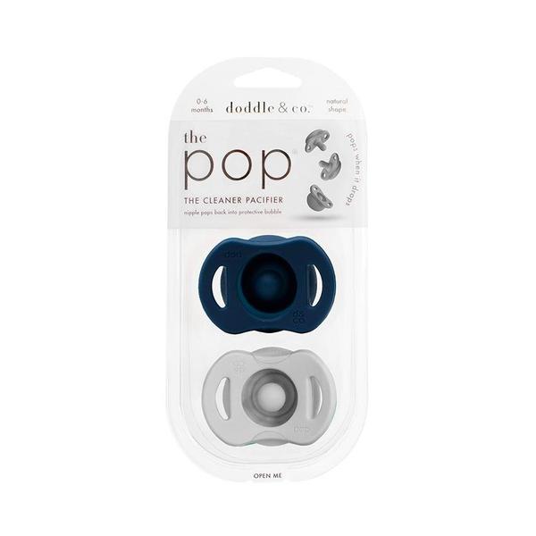 Baby's "The pop" pacifier 2 pack by Doddle & co. As seen on Shark Tank - Pacifier automatically closes when dropped - in Navy & Grey