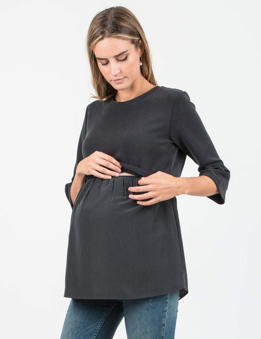 Women's black satin maternity & nursing bell sleeve top