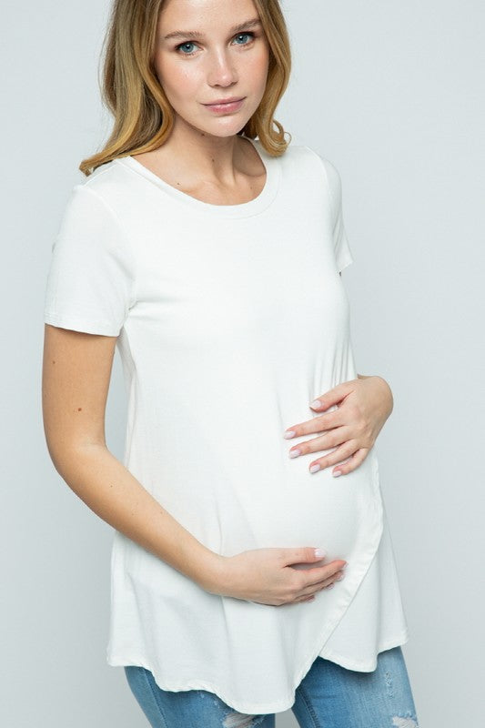 Women's white rayon short sleeve draped maternity & nursing T-shirt