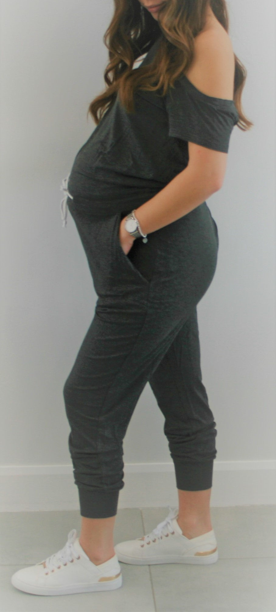 Women's dark grey Off the shoulder maternity & post natal short sleeve, long pant Jumpsuit