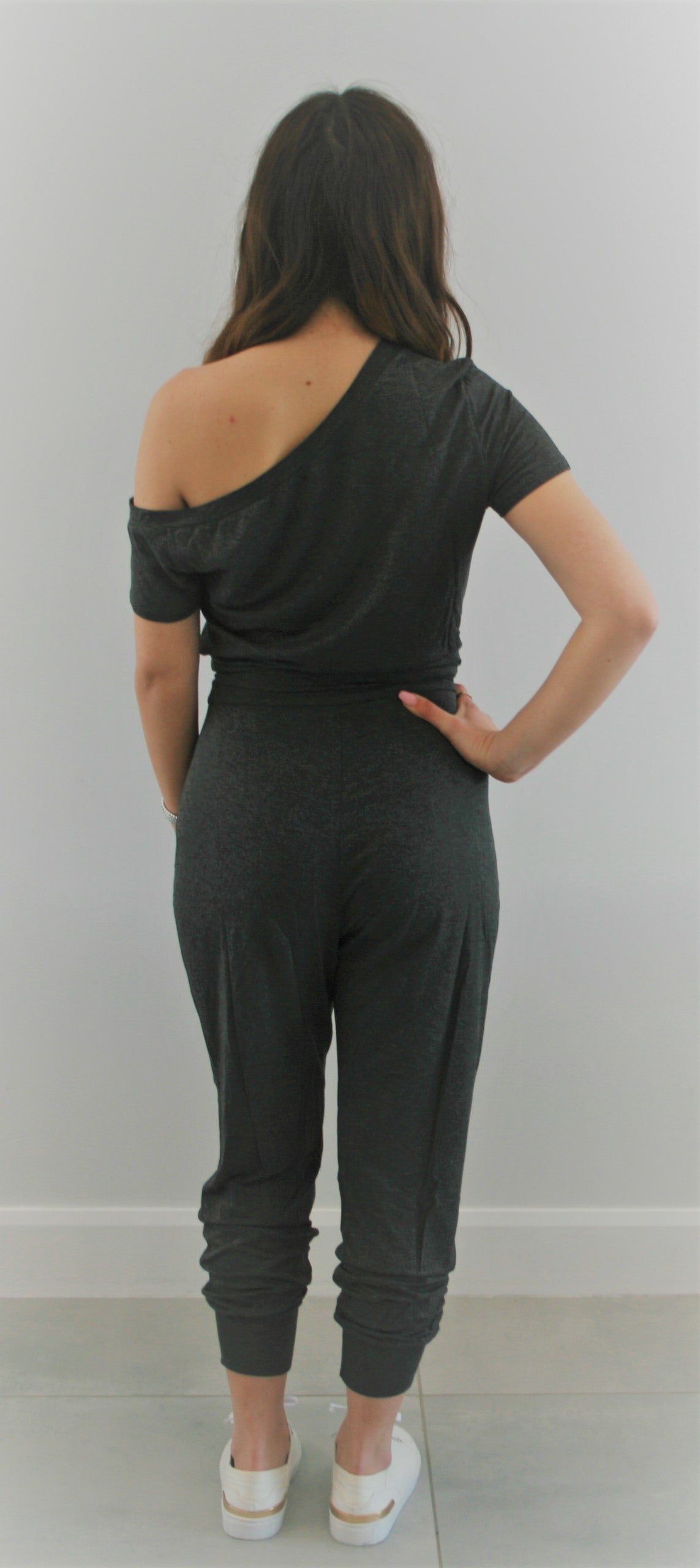 Women's dark grey Off the shoulder maternity & post natal short sleeve, long pant Jumpsuit