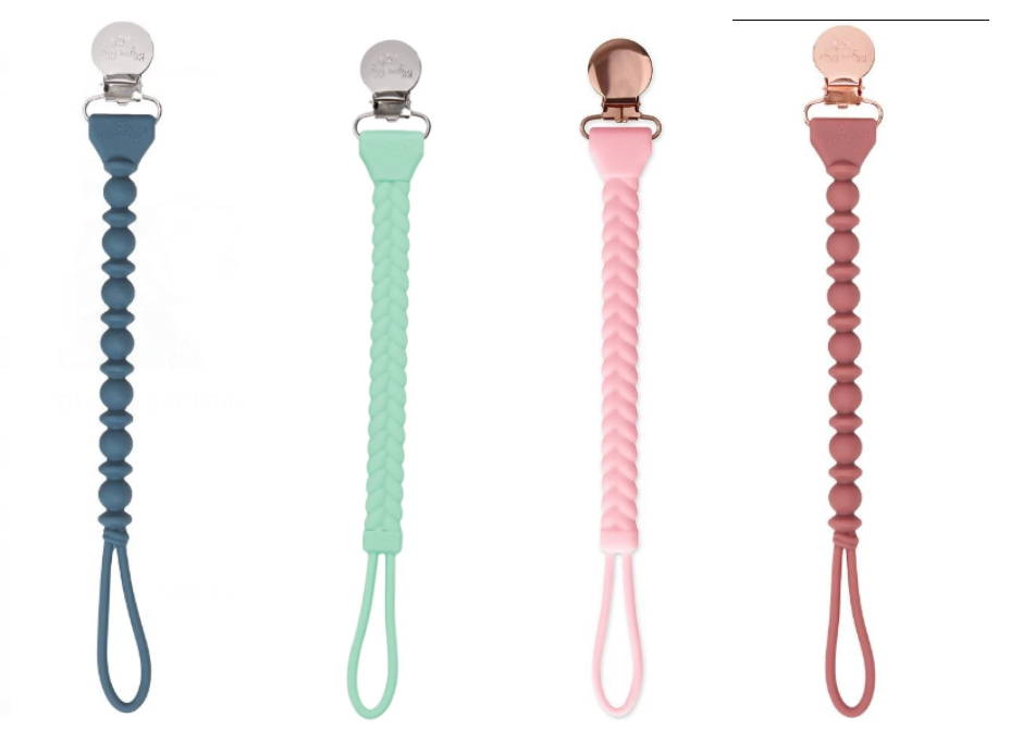 Baby's Itzy Ritzy BPA free silicone pacifier strap with metal clip - in Navy blue, Mint green, Blush pink or rose pink