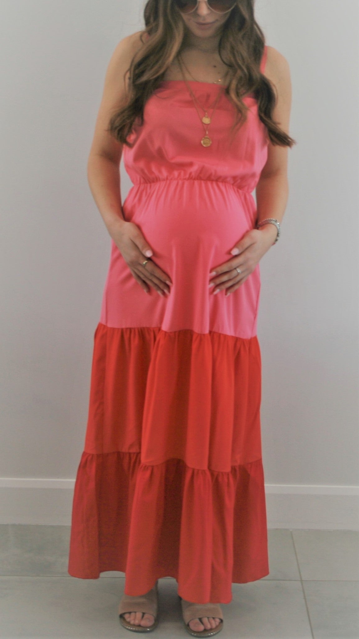Women's Maternity & Post Natal Pink multi 3 teired cotton maxi dress