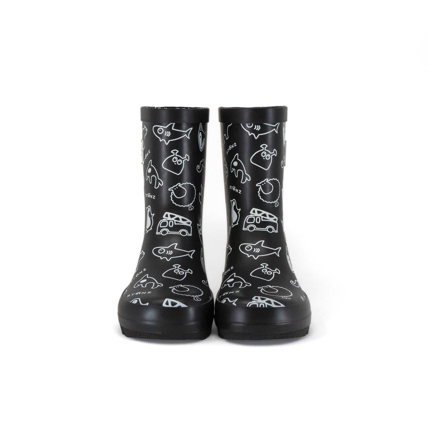 Kid's Stonz rubber Rain Boots in Black animal print