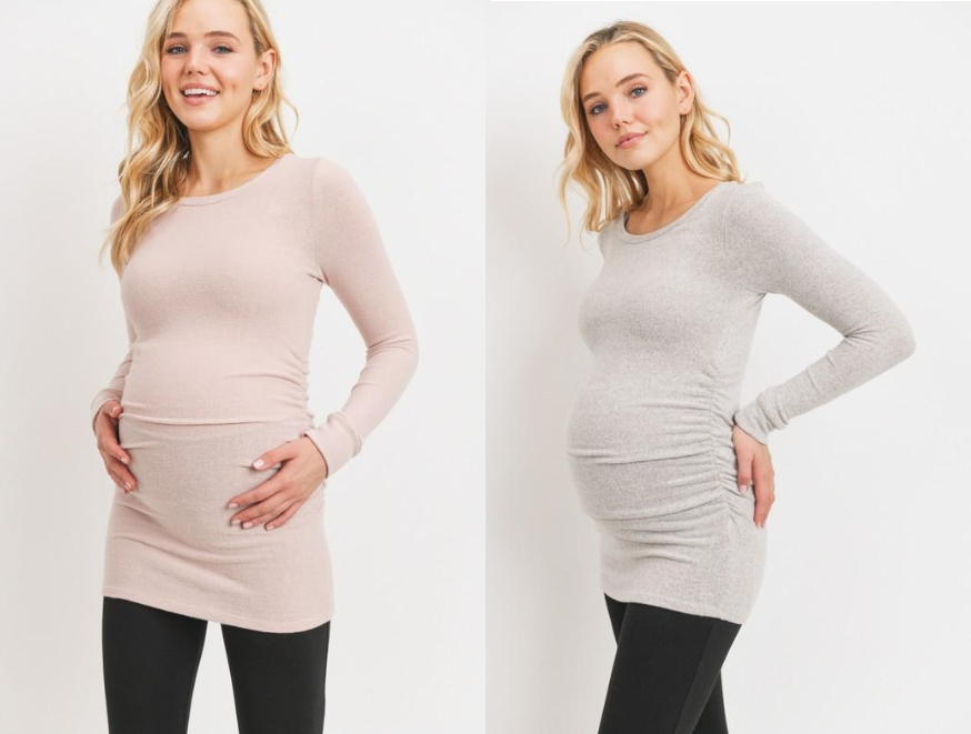 Women's round neck long sleeve rayon maternity & post natal top with side ruching in light pink or light grey