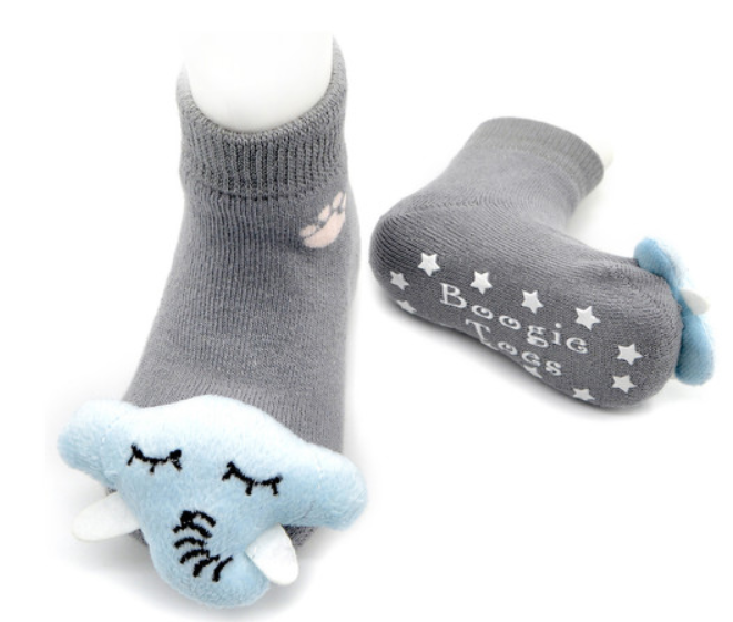Unisex baby cotton rattle socks - black/white panda, grey/pink piggy or grey/blue elephant