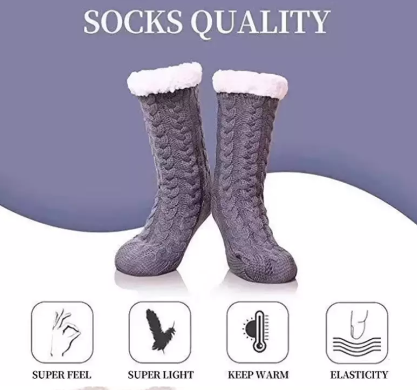 Women's Grey knitted warm lined Cozy Slipper Socks for shoe sizes 6-10