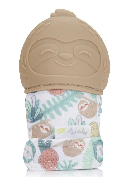 Baby's Itzy Ritzy BPA free silicon and poly teething Mitt - in yellow Pineapple, pink leopard or taupe Sloth design