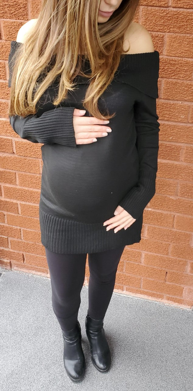 Women's Off the shoulder maternity & postnatal long ribbed sweater in Black or Grey