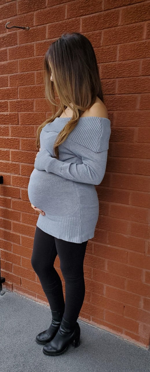 Women's Off the shoulder maternity & postnatal long ribbed sweater in Black or Grey