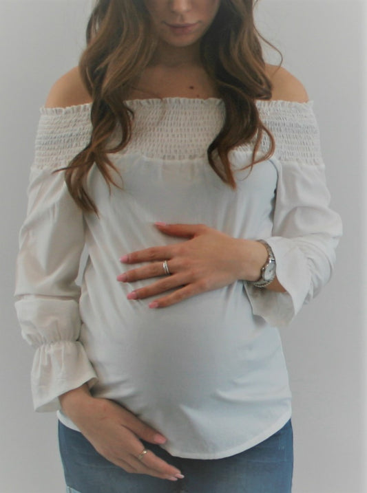 Women's White Off the shoulder long sleeve maternity & post natal top with back bow