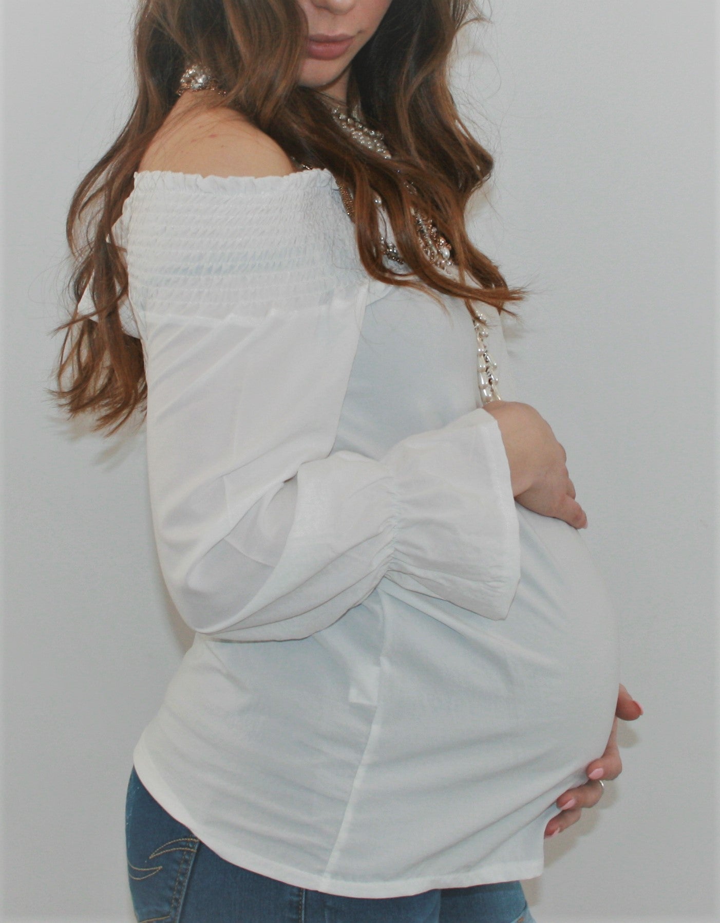 Women's White Off the shoulder long sleeve maternity & post natal top with back bow